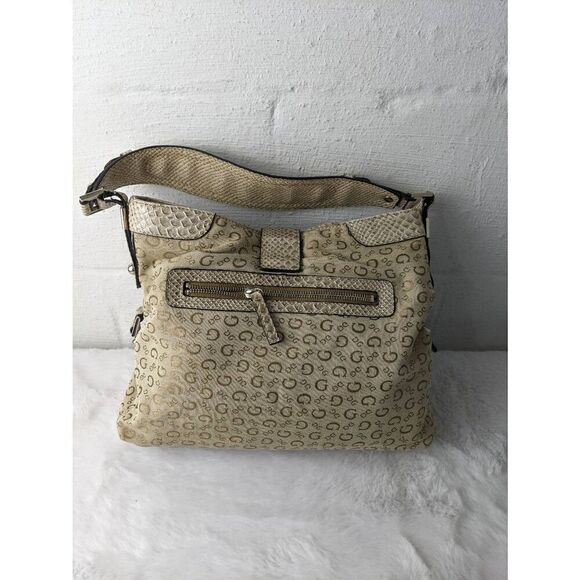 Guess vintage Y2K Beige Monogram Shoulder Purse Fabric Bag W Snake‎ Skin Inserts - Picture 4 of 14